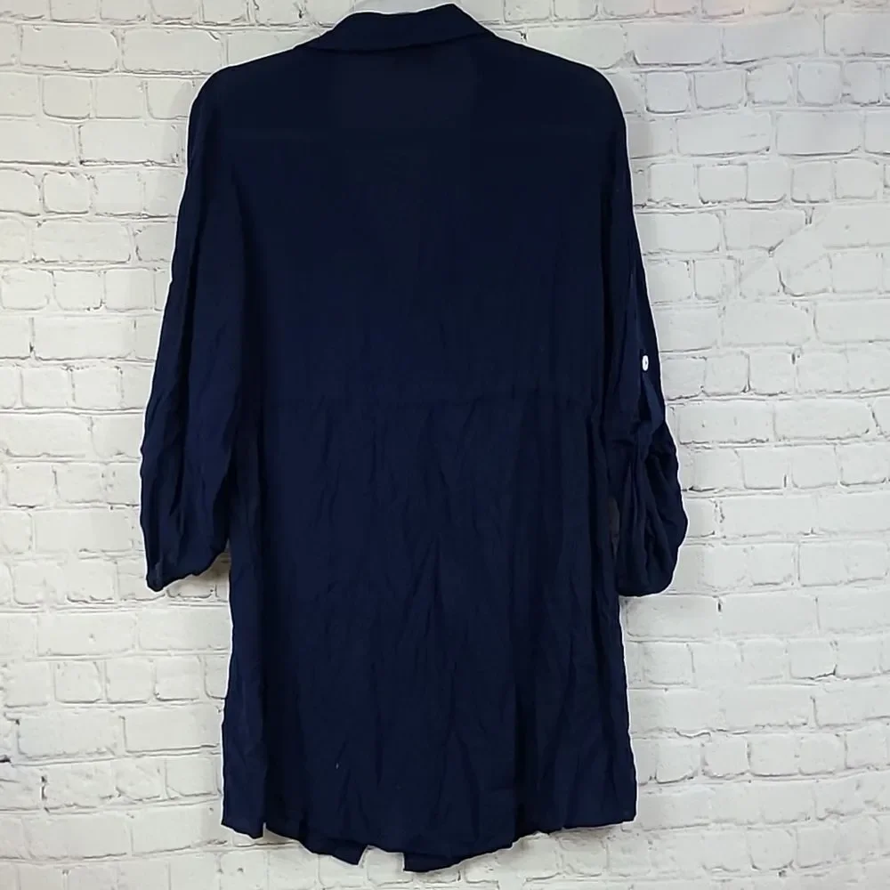 VENUS Navy Shirt Dress Beach Coverup Roll Tab Sleeve Nautical Mini XL Tunic - Picture 9 of 10